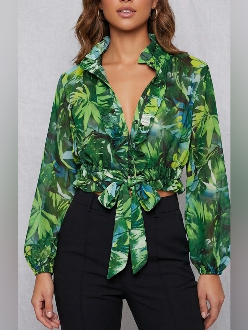 Truth Green Tropical Tie-Front Ruffle Blouse